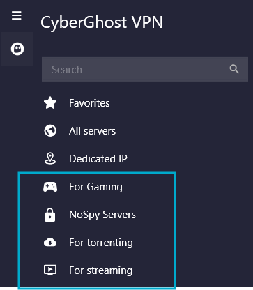 CyberGhost specializuotų serverių kategorijos