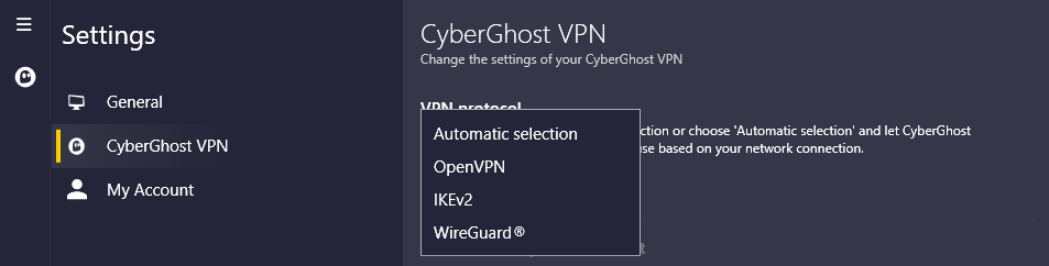 CyberGhost VPN protokolų pasirinkimas