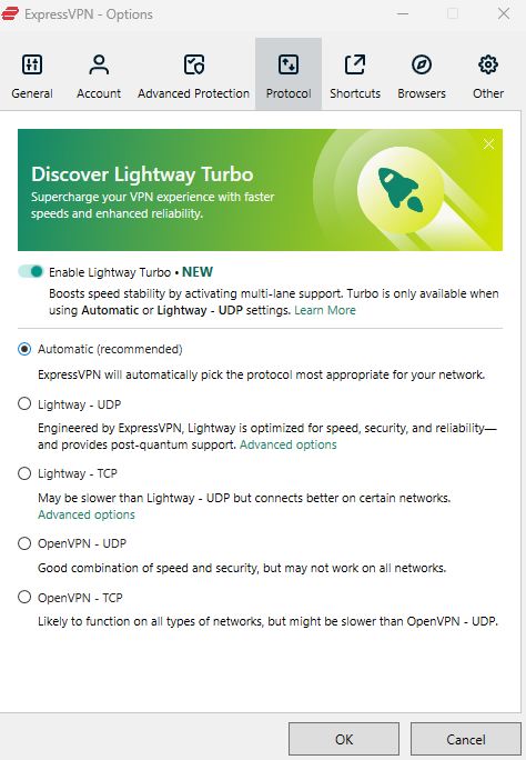 ExpressVPN Lightway ir kitų protokolų pasirinkimas
