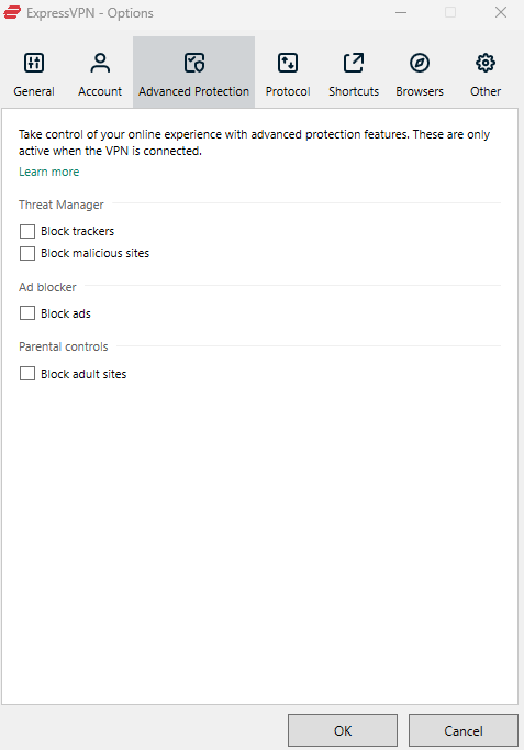 ExpressVPN Advanced Protection nustatymai