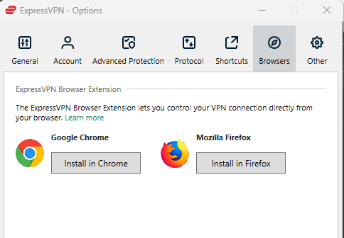 ExpressVPN naršyklių plėtinių ekranas