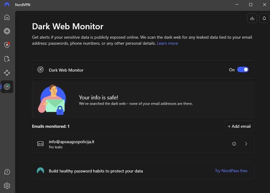 NordVPN Dark Web Monitor langas