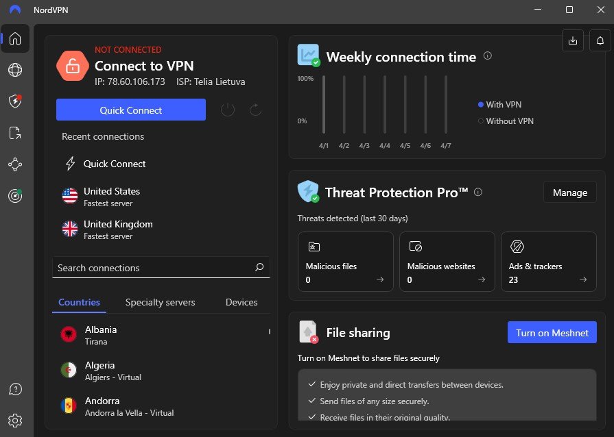 NordVPN „Windows“ programėlės pagrindinis ekranas