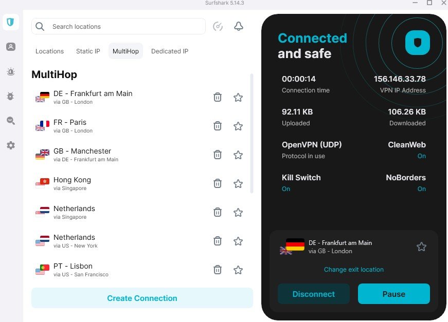 Surfshark MultiHop dvigubo VPN ekranas