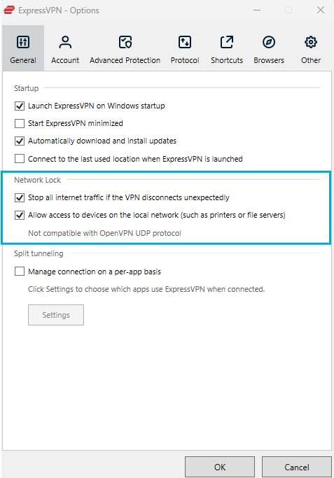expressvpn killswitch (network lock) nustatymai