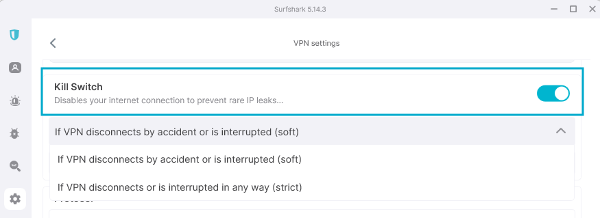 vpn nustatymai - kill switch įjungimas