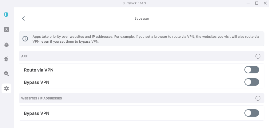 vpn nustatymai - bypasser pasirinktys