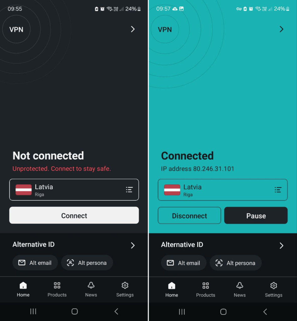 vpn įjungimo ekranas ir vpn įijungtas ant mobiliojo telefono